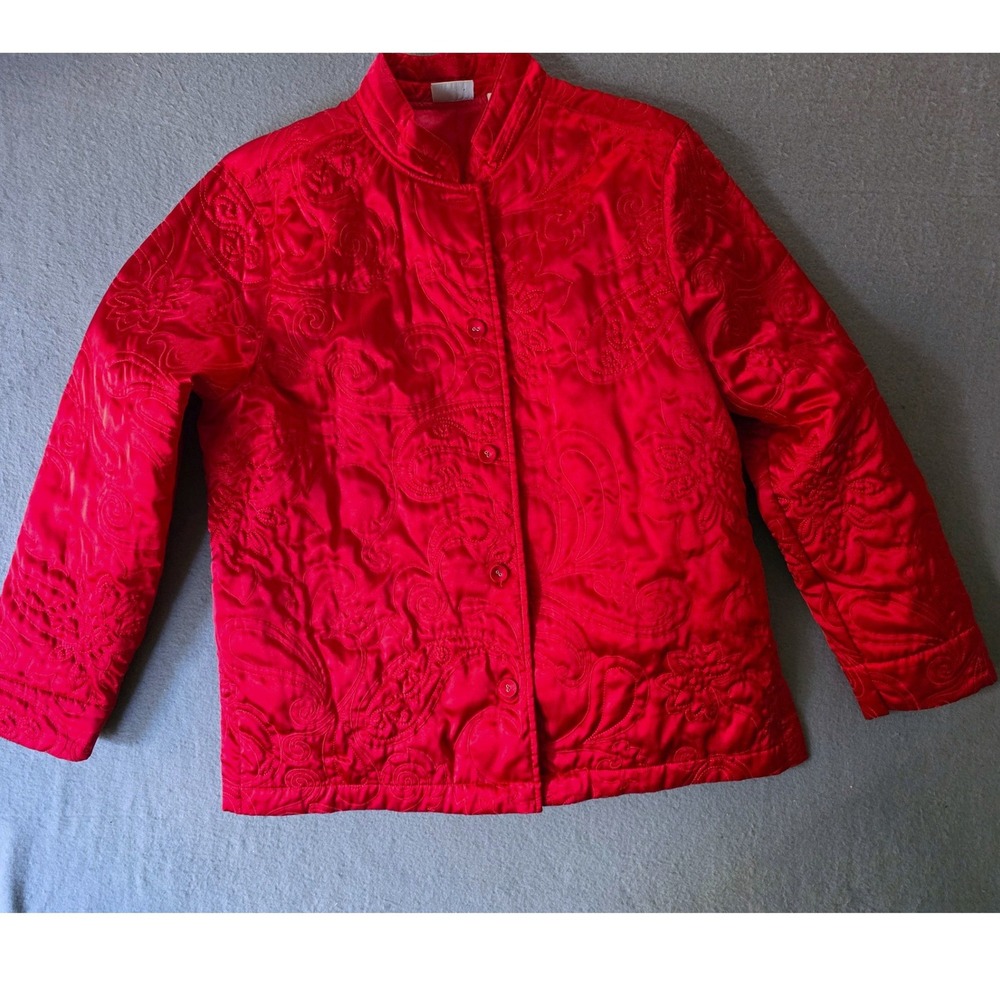 Classic Elements Red Quilted Paisley Embroidered Jacket Mandarin Collar Large